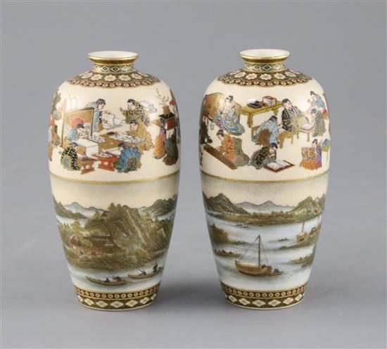 A fine pair of Japanese Satsuma pottery ovoid vases, by Yabu Meizan, Meiji period, H.12cm